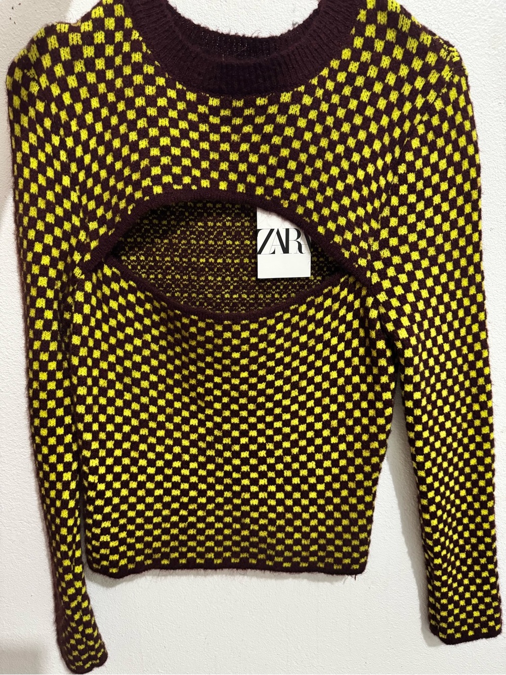 Zara Women’s Checker Knit Crewneck in Yellow and Plum